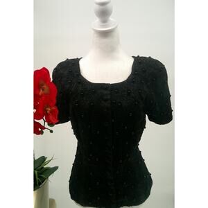 Vintage Marie St Claire Womens Black Embroidered Beaded Lined Button Top Size 14